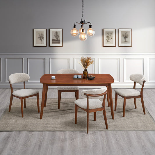 VELORA Dining Set – Curved Walnut Table & Bouclé Chairs