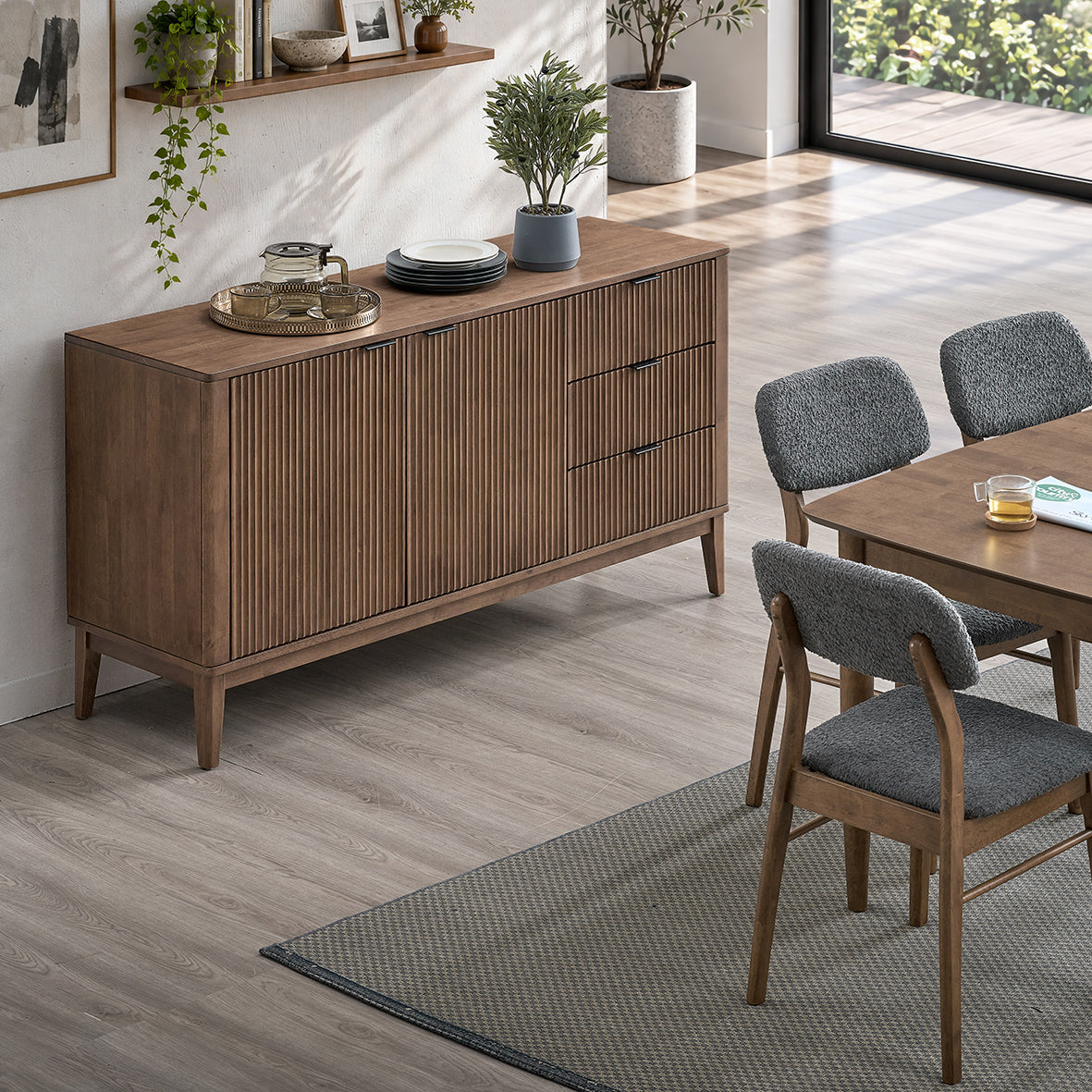 Walnut-tone sideboard on a white background