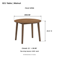 ACTU 821 Walnut table dimensions; fully open diameter 38.98 inches; height 29.4 inches; closed footprint 21 × 38.98 inches; two 8.98-inch drop leaves