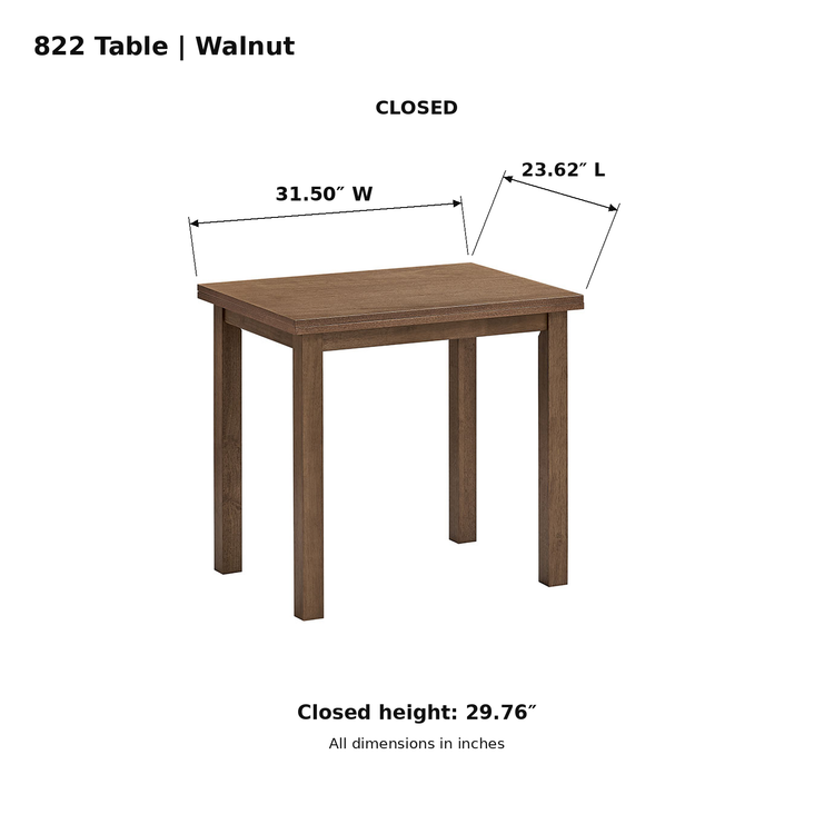 ACTU 822 Walnut table closed dimensions in inches; height 29.76 inches