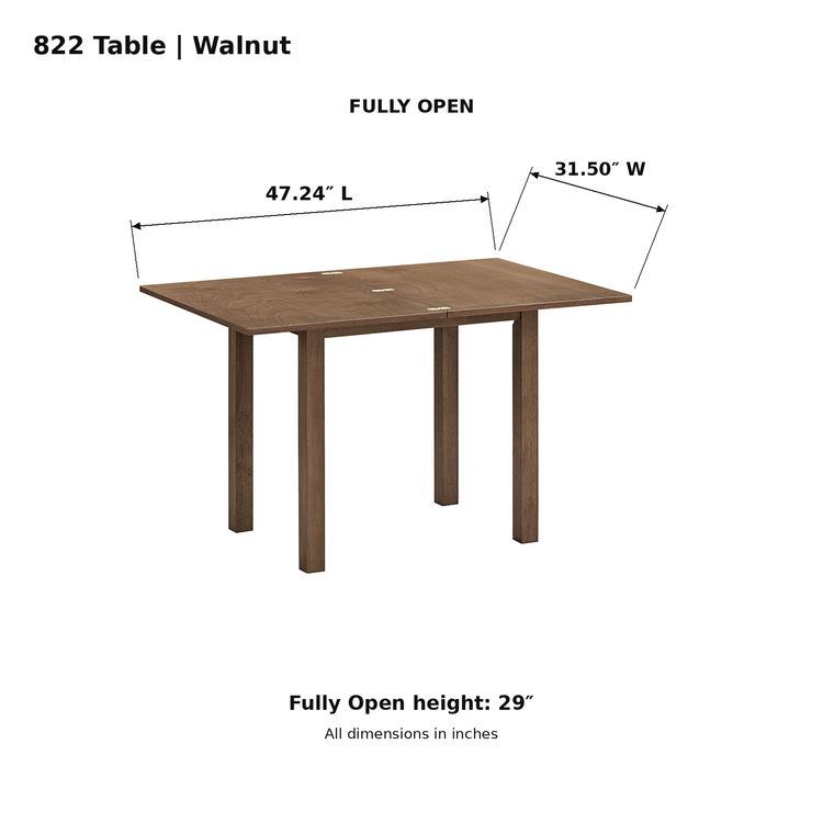 ACTU 822 Walnut table fully open dimensions in inches; height 29 inches