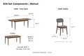 ACTU 826 Walnut table and chair component dimensions in inches; table closed 59.06 inches long and fully open 82.68 inches long; one leaf 70.87 inches long; two 11.81-inch leaves; chair dimensions unchanged
