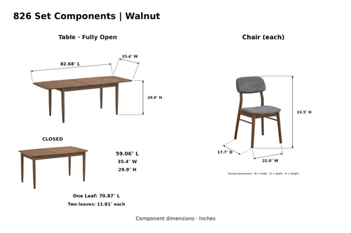 ACTU 826 Walnut table and chair component dimensions in inches; table closed 59.06 inches long and fully open 82.68 inches long; one leaf 70.87 inches long; two 11.81-inch leaves; chair dimensions unchanged