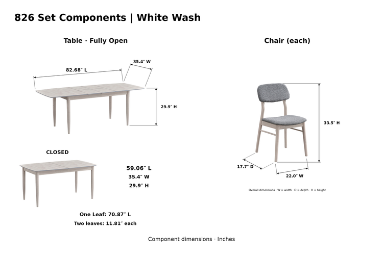 ACTU 826 White Wash table and chair component dimensions in inches; table closed 59.06 inches long and fully open 82.68 inches long; one leaf 70.87 inches long; two 11.81-inch leaves; chair dimensions unchanged