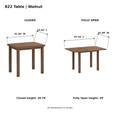 ACTU 822 Walnut table dimensions; closed 23.62 × 31.50 × 29.76 inches; fully open 47.24 × 31.50 × 29 inches
