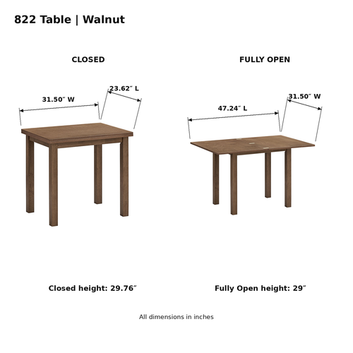 ACTU 822 Walnut table dimensions; closed 23.62 × 31.50 × 29.76 inches; fully open 47.24 × 31.50 × 29 inches