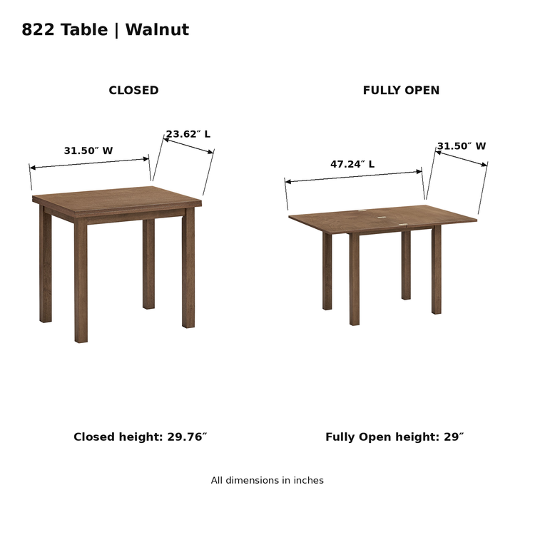 ACTU 822 Walnut table dimensions; closed 23.62 × 31.50 × 29.76 inches; fully open 47.24 × 31.50 × 29 inches