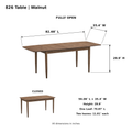 ACTU 826 Walnut table dimensions; closed 59.06 inches long; fully open 82.68 inches long; width 35.4 inches; height 29.9 inches; one leaf 70.87 inches long; two leaves 11.81 inches each