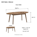 ACTU 828 Walnut table dimensions; closed 59.06 inches long; fully open 70.87 inches long; width 35.4 inches; height 29.1 inches; one 11.81-inch extension leaf