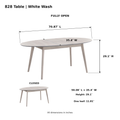 ACTU 828 White Wash table dimensions; closed 59.06 inches long; fully open 70.87 inches long; width 35.4 inches; height 29.1 inches; one 11.81-inch extension leaf