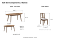 ACTU 828 Walnut table and chair component dimensions in inches; table closed 59.06 inches long and fully open 70.87 inches long; one 11.81-inch extension leaf; chair dimensions unchanged