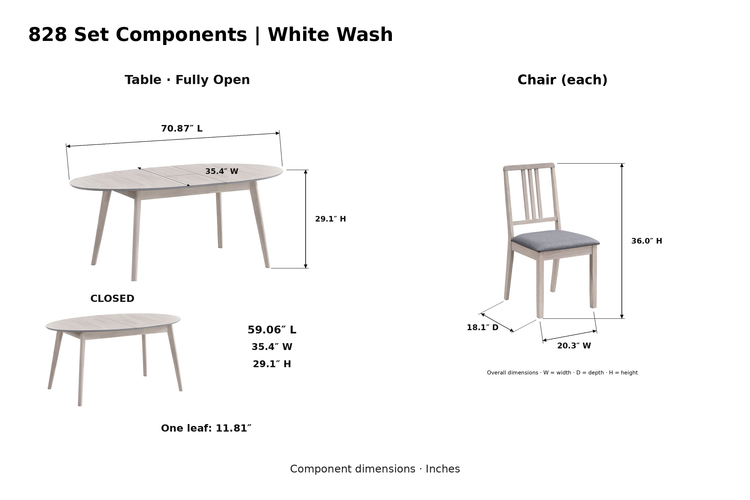 ACTU 828 White Wash table and chair component dimensions in inches; table closed 59.06 inches long and fully open 70.87 inches long; one 11.81-inch extension leaf; chair dimensions unchanged