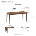 ACTU 824 Walnut table original-photo open and closed dimensions; fully open 63 × 29.53 × 29.13 inches; closed 47.24 × 29.53 × 29.13 inches; one 15.75-inch drop leaf