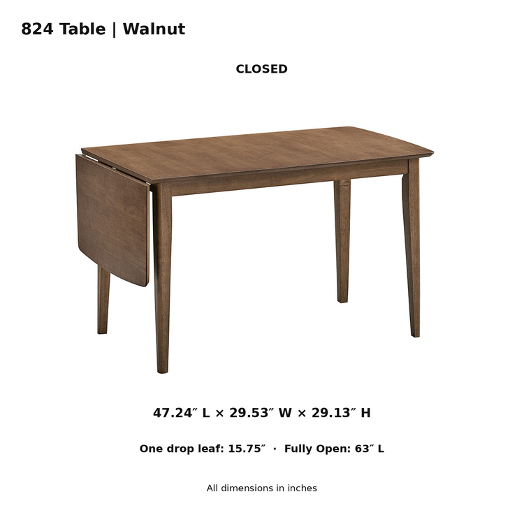 ACTU 824 Walnut table closed original-photo dimensions; 47.24 × 29.53 × 29.13 inches; one 15.75-inch drop leaf; fully open length 63 inches