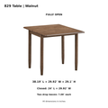 ACTU 829 Walnut table dimensions; fully open 38.19 × 29.92 × 29.1 inches; closed footprint 24 × 29.92 inches; two 7.09-inch drop leaves