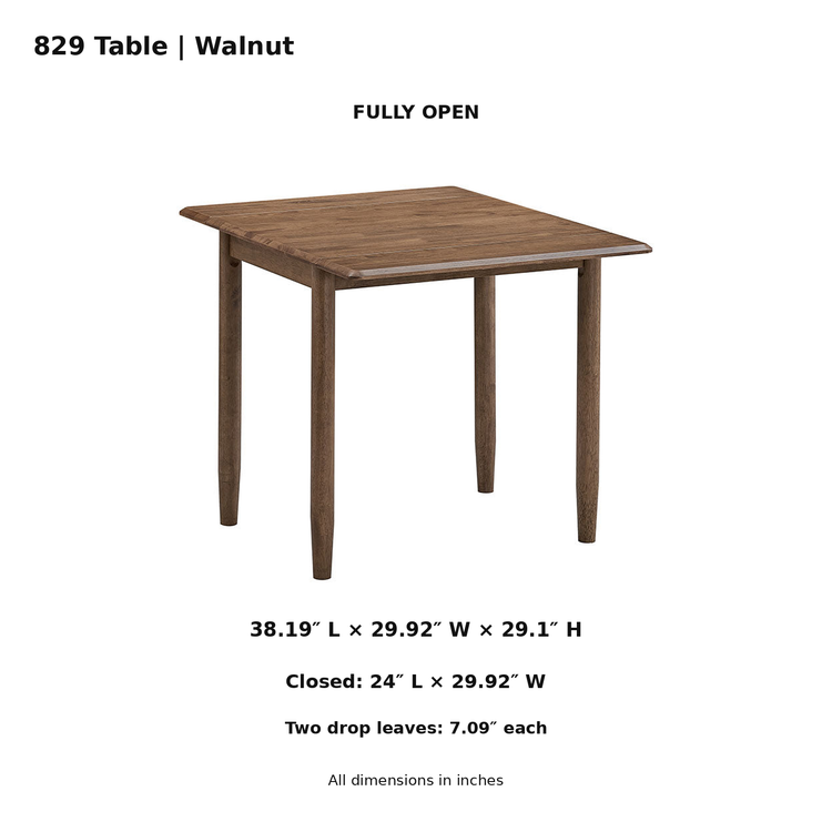 ACTU 829 Walnut table dimensions; fully open 38.19 × 29.92 × 29.1 inches; closed footprint 24 × 29.92 inches; two 7.09-inch drop leaves