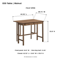 ACTU 830 Walnut table fully open dimensions; 42.52 × 30.71 × 35.8 inches; fixed panel width 18.9 inches plus one 11.81-inch drop leaf