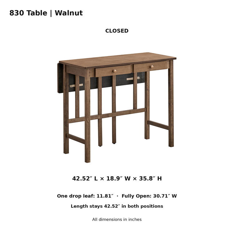 ACTU 830 Walnut table closed dimensions; 42.52 × 18.9 × 35.8 inches; one 11.81-inch drop leaf expands width to 30.71 inches; length remains 42.52 inches