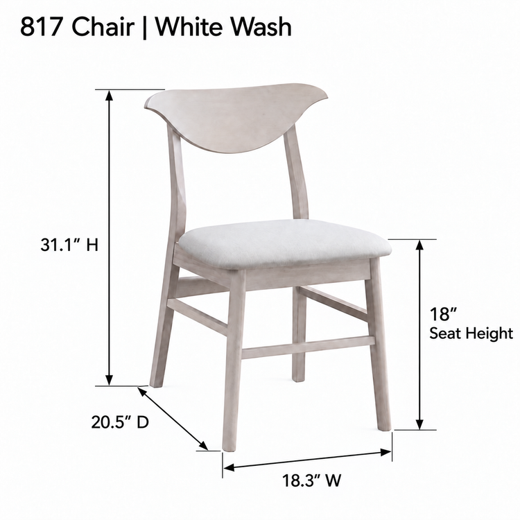 ACTU AU-FDC4F817-B2 White Wash finish dimension diagram in inches; chair overall dimensions and 18-inch seat height