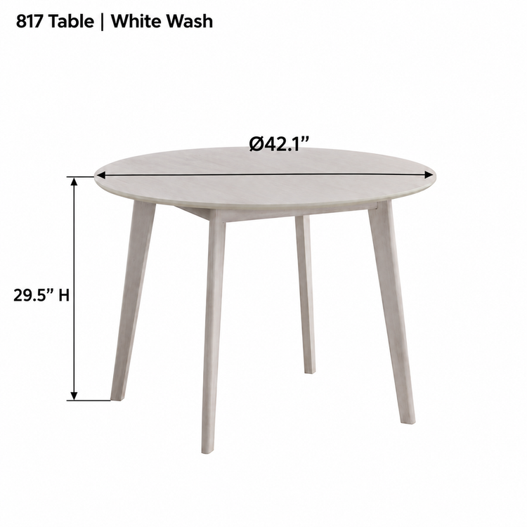 ACTU AU-FDT2F817-B2 White Wash finish dimension diagram in inches; table 42.1-inch diameter and 29.5-inch height