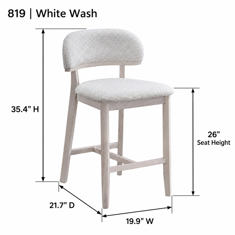 ACTU AU-FDB4F819-B2 White Wash finish dimension diagram in inches; 26-inch seat height