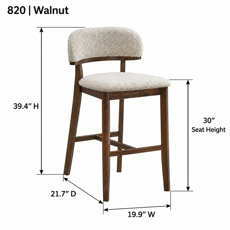 ACTU AU-FDB4F820-B1 Walnut finish dimension diagram in inches; 30-inch seat height