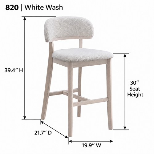 ACTU AU-FDB4F820-B2 White Wash finish dimension diagram in inches; 30-inch seat height