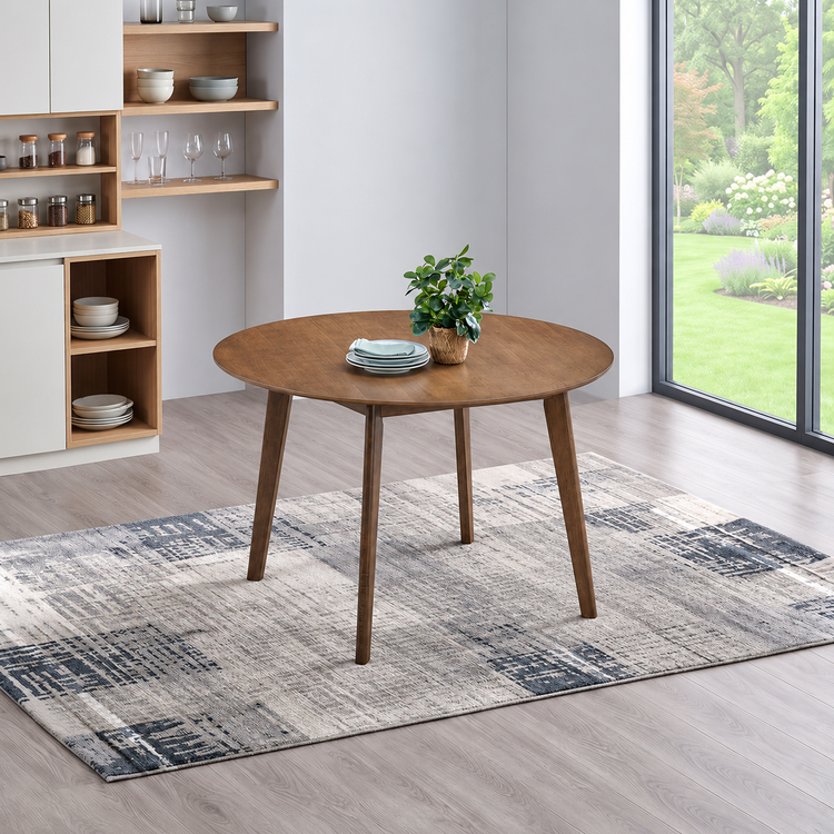 ACTU Lucky 817 round dining table in Walnut finish, table only, shown in an AI-assisted room scene; accessories not included.