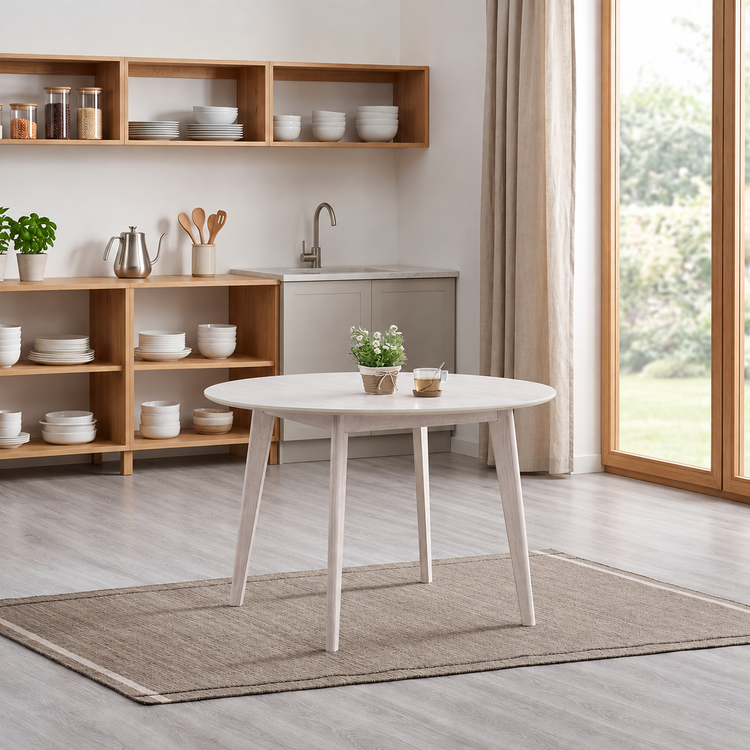 ACTU Lucky 817 round dining table in White Wash finish, table only, shown in an AI-assisted room scene; accessories not included.