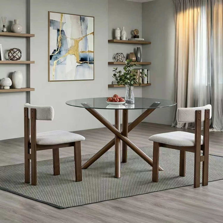 ACTU 47” Round Glass Dining Table Set for 4 | Solid Wood Base