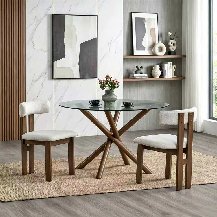 ACTU 47” Round Glass Dining Table Set for 4 | Solid Wood Base