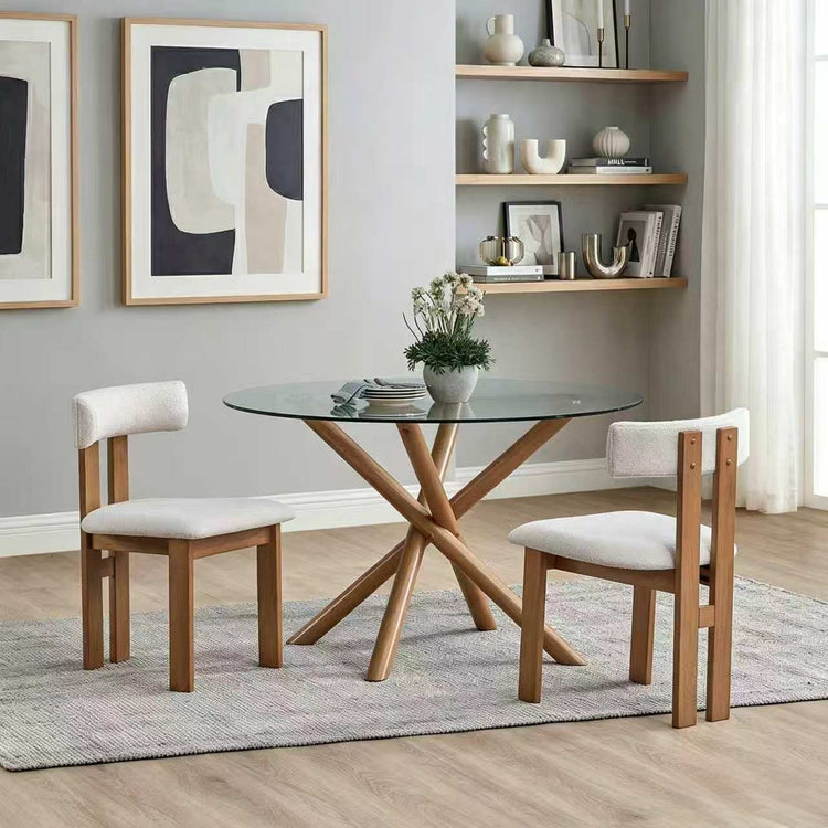 ACTU 47” Round Glass Dining Table Set for 4 | Solid Wood Base