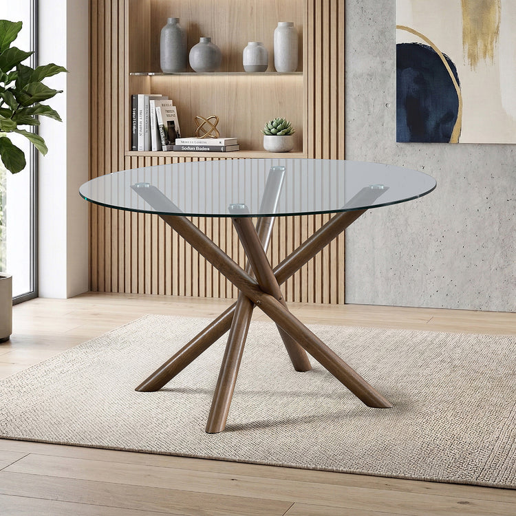 ACTU 47” Round Glass Dining Table Set for 4 | Solid Wood Base