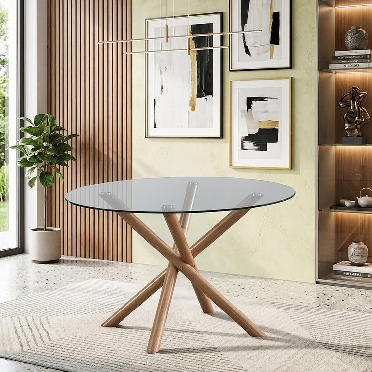 ACTU 47" Round Tempered Glass Dining Table for 4 with Cross Pedestal Base
