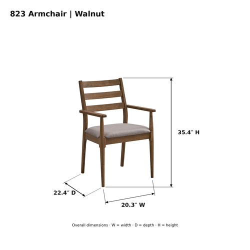 ACTU Emerson 823 Walnut armchair photo dimensions: 20.3 inches wide, 22.4 inches deep and 35.4 inches high.
