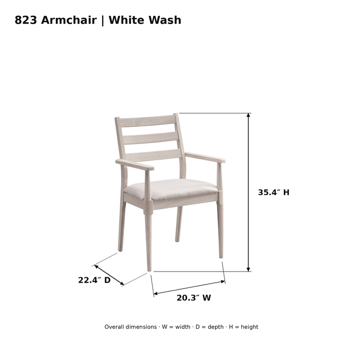 ACTU Emerson 823 White Wash armchair photo dimensions: 20.3 inches wide, 22.4 inches deep and 35.4 inches high.