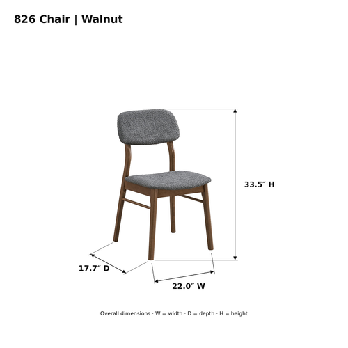 ACTU 826 Walnut upholstered chair photo dimensions: 22.0 inches wide, 17.7 inches deep and 33.5 inches high.