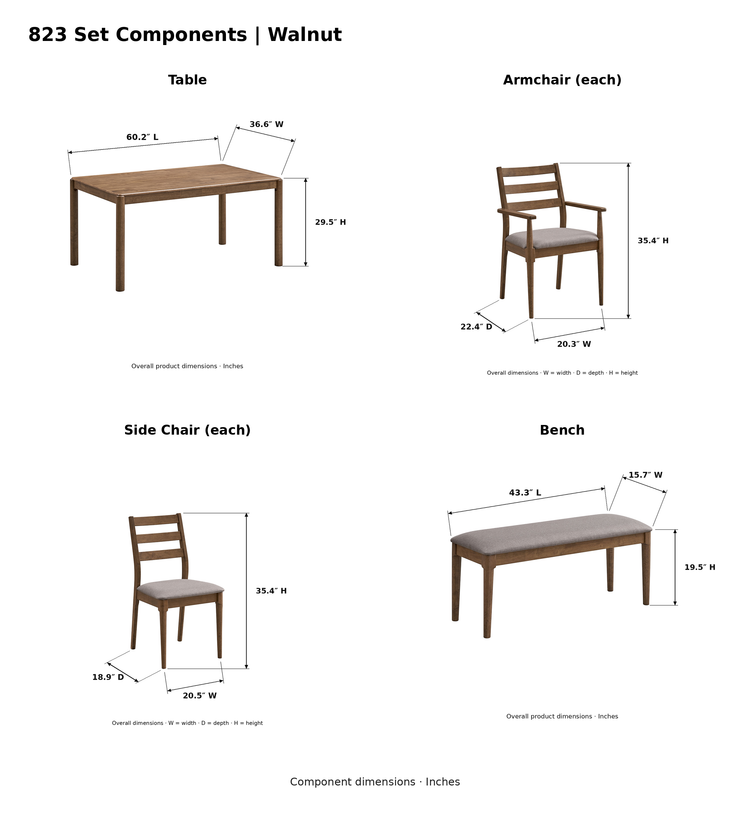 ACTU AU-FDS6F823 Walnut product-photo component dimensions in inches