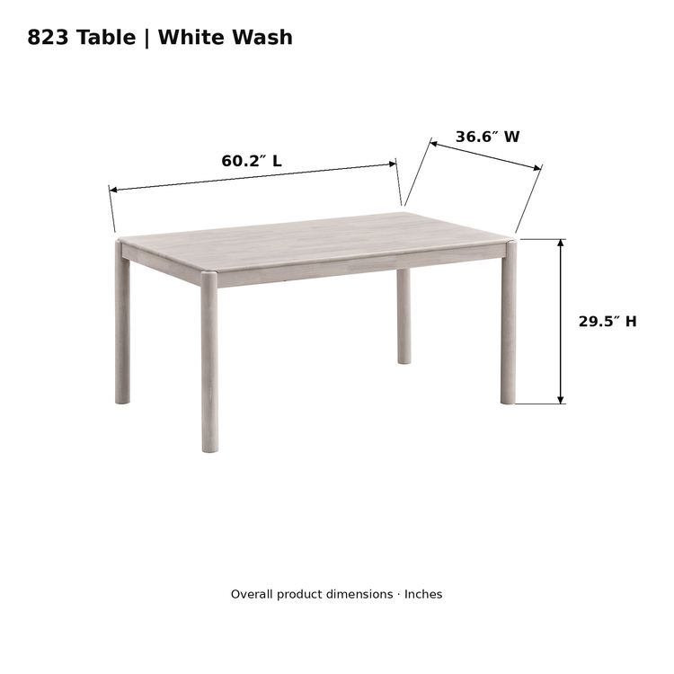 ACTU Emerson 823 White Wash dining table photo dimensions: 60.2 inches long, 36.6 inches wide and 29.5 inches high.