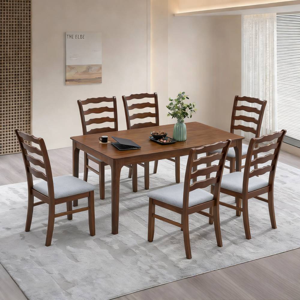 ACTU Dining Table Set for 4–6, Solid Wood Kitchen Table with Upholstered Chairs