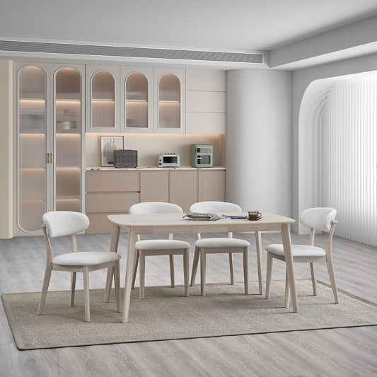 VELORA Dining Set – Curved Walnut Table & Bouclé Chairs