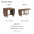 ACTU 825 Walnut table closed and one-leaf dimensions; closed 29.53 × 29.53 inches; one leaf 57.09 × 29.53 inches; height 29.1 inches; each drop leaf 27.56 inches; fully open length 84.65 inches