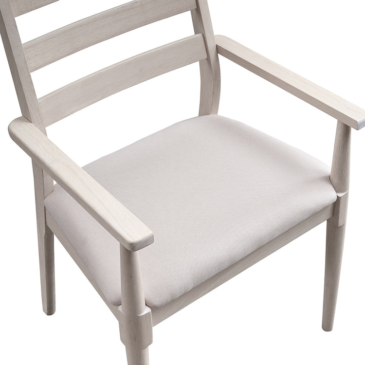 ACTU 823 Dining Armchairs; White Wash; close-up of upholstered seat and armrests