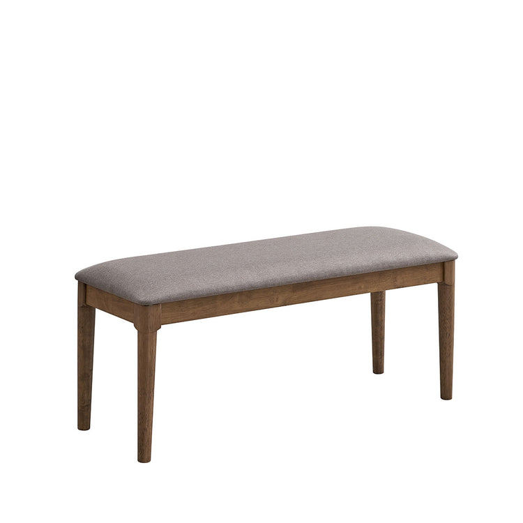 ACTU 823 Dining Bench; Walnut; angled view of upholstered seat and tapered legs