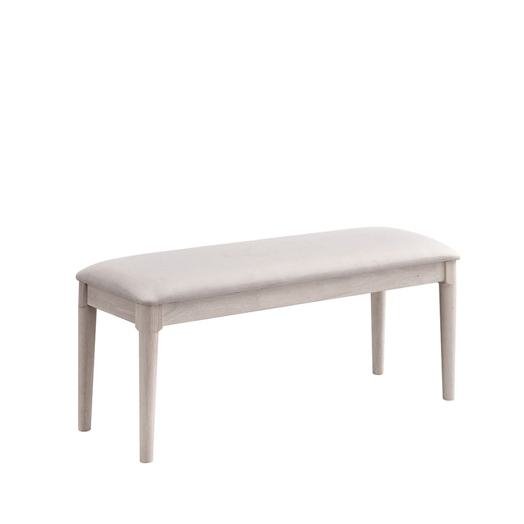 ACTU 823 Dining Bench; White Wash; angled view of upholstered seat and tapered legs