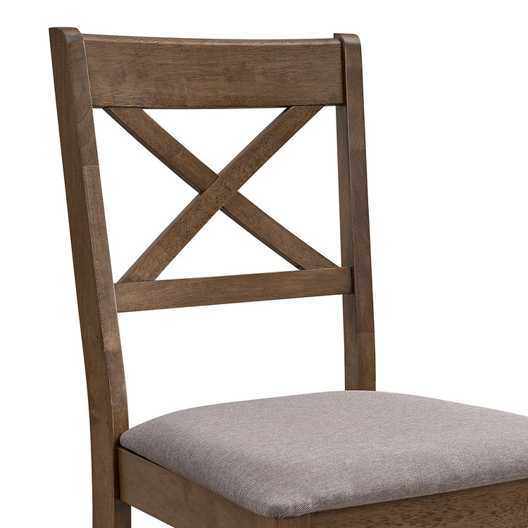 ACTU 822 Dining Chairs; Walnut; close-up of cross back and upholstered seat