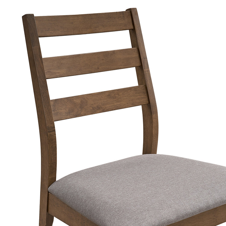 ACTU 823 Dining Side Chairs; Walnut; close-up of ladder back and upholstered seat
