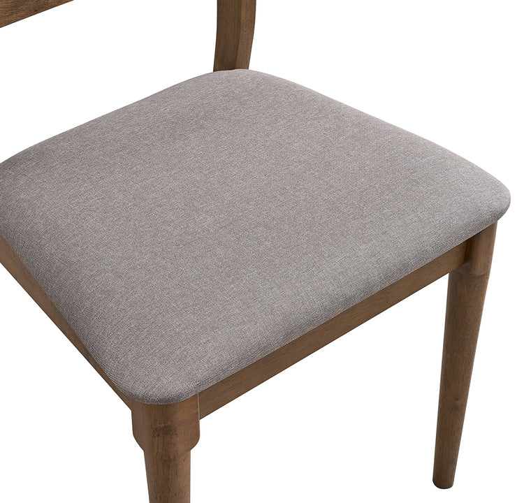 ACTU 823 Dining Side Chairs; Walnut; close-up of gray upholstered seat and front legs