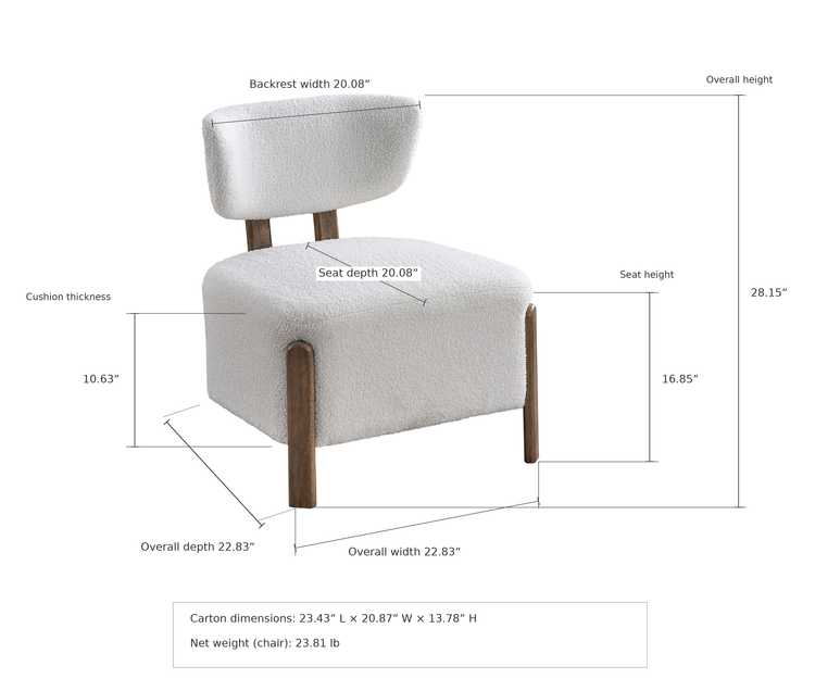 ACTU Ellis 832 original chair photo with combined overall, seat and cushion dimensions in inches, plus separate carton dimensions and product weight