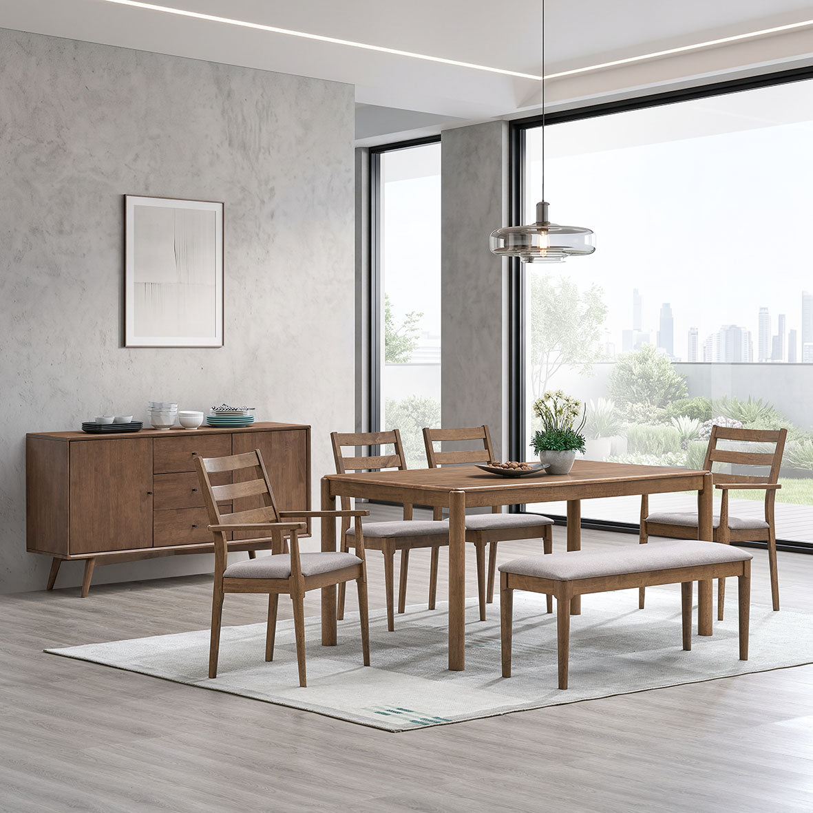 Emerson 823 dining set with four chairs and a bench beside the 901 sideboard in Walnut.